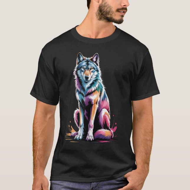 Camiseta Estilo Poster Wolf Colorful Paint Splatter Art (Anverso)