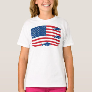 Camiseta Estilo Vintage Pesca Bandera Americana Roja Azul