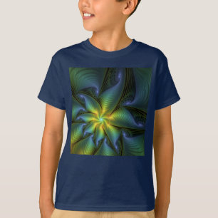 Camiseta Estrella abstracta, arte fractal dorado verde azul