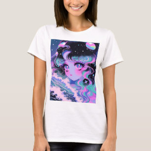 Camiseta Estrella Chica Kawaii bajo olas cósmicas