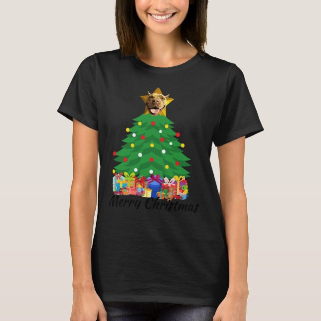 Camiseta Estrella de árbol de Navidad Perro Pitbull (Anverso)