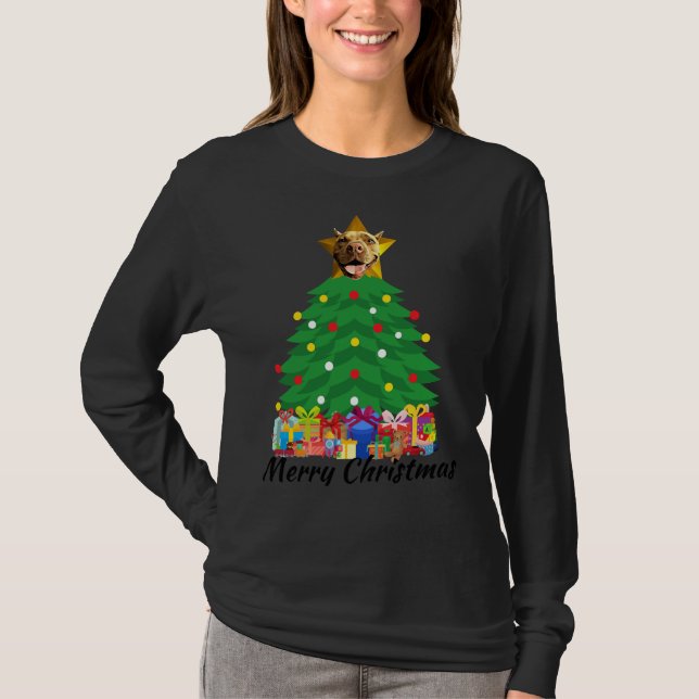 Camiseta Estrella de árbol de Navidad Perro Pitbull (Anverso)