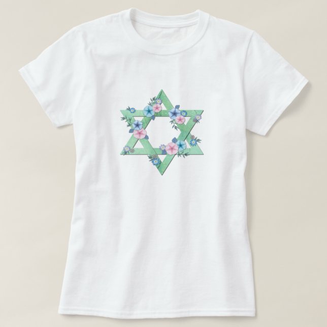 Camiseta Estrella de David en verde claro con flores pastel (Diseño del anverso)