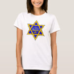 Camiseta Estrella de David y Menorah<br><div class="desc">Estrella Amarilla de David llena de azul y una menorah.</div>