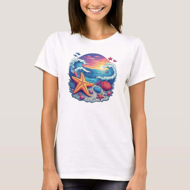 Camiseta Estrella de mar vibrante en la playa con olas del  (Anverso)