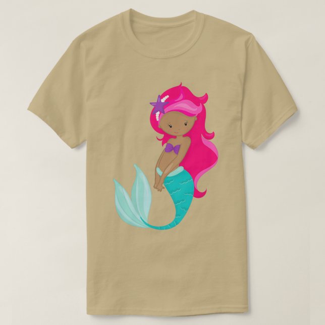 Camiseta Estrella de pelo rosado de sirena afroamericana (Diseño del anverso)