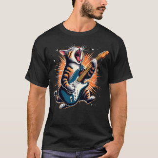 Camiseta Estrella de Rock Gato Tocando Guitarra para Hombre