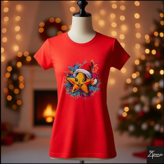 Camiseta Estrella Feliz Sombrero de Santa con Salpicaduras  (Subido por el creador)