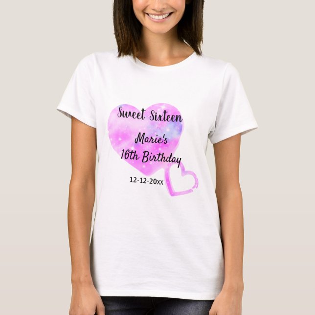 Camiseta estrellas del corazón brillantes azul rosa 16 cump (Anverso)