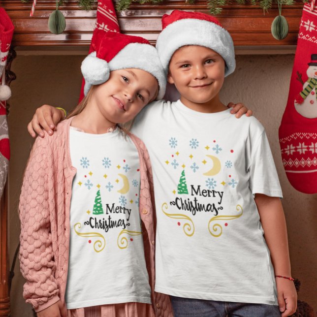 Camiseta Estrellas, luna, copos de nieve y Feliz Navidad a  (Stars, Moon, Snowflakes, and Merry Christmas Kids T-Shirt)