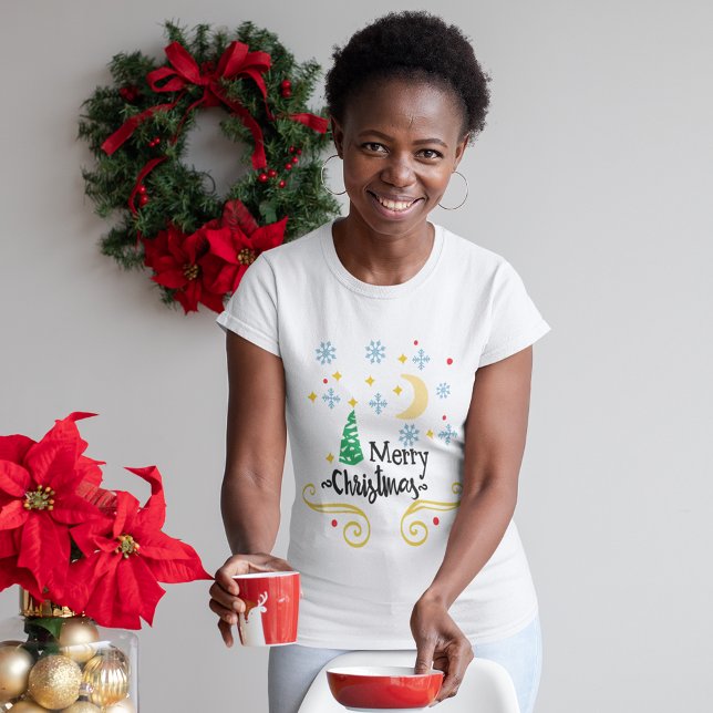 Camiseta Estrellas, luna, copos de nieve y Feliz Navidad pa (Stars, Moon, Snowflakes & Merry Christmas Women's T-Shirt)