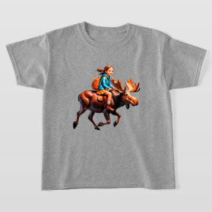 Camiseta estudiante de sexo femenino montando alce