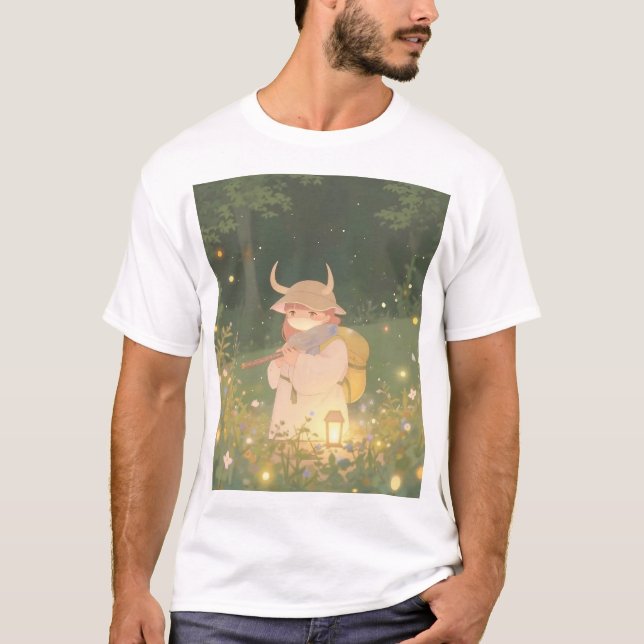 Camiseta Etéreo Chica anime con cuernos en la pradera capri (Anverso)