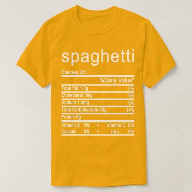 Camiseta etiqueta de datos de espagueti sobre nutrición (Diseño del anverso)