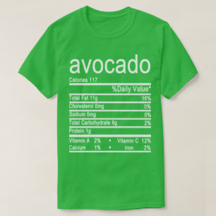 Camiseta etiqueta de datos de nutrición de aguacate