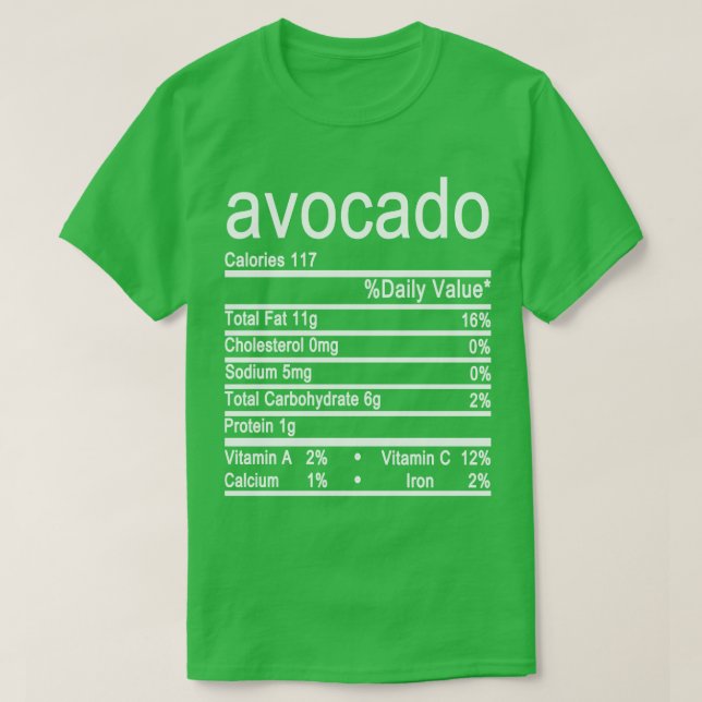 Camiseta etiqueta de datos de nutrición de aguacate (Diseño del anverso)