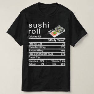 Camiseta etiqueta de datos de nutrición de rollo de sushi