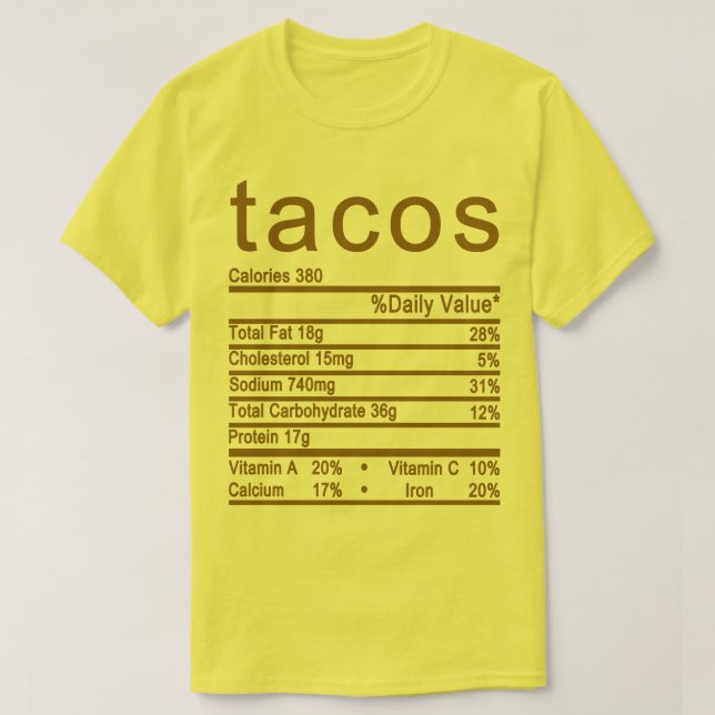 Camiseta etiqueta de datos sobre la nutrición de tacos (Diseño del anverso)