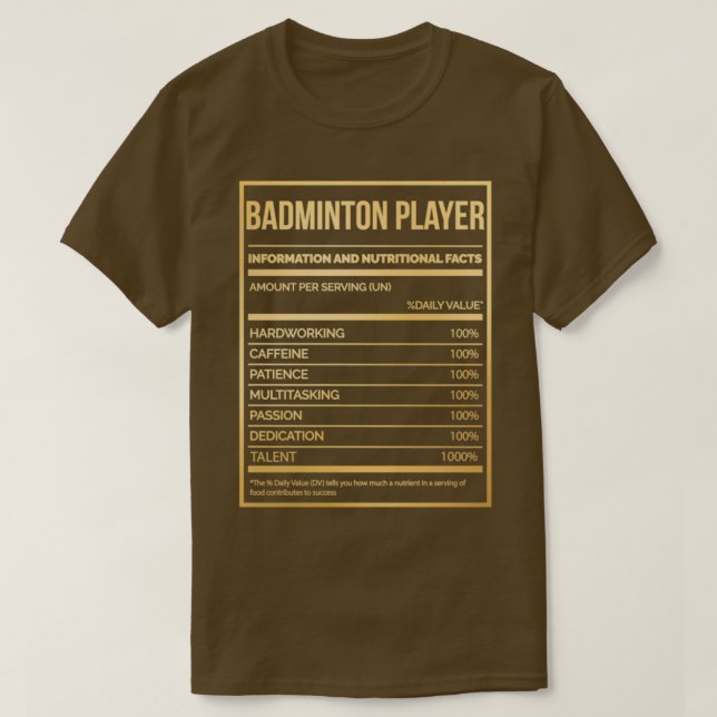 Camiseta Etiqueta de nutrición de Badminton Player divertid (Diseño del anverso)