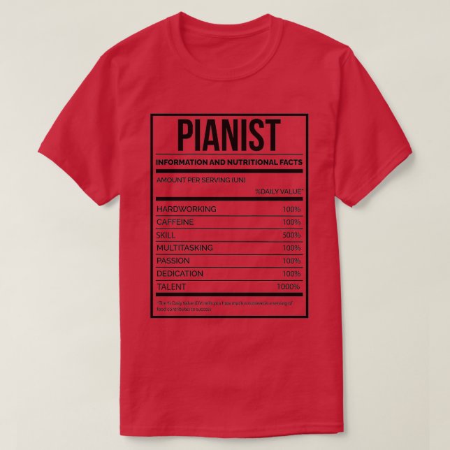 Camiseta Etiqueta de nutrición de piano divertida pianista  (Diseño del anverso)