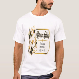 Camiseta Etiquetas de dirección de retorno negras y doradas