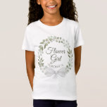 Camiseta Eucalyptus y Greenery Wreath Boda Flor Niña<br><div class="desc">Esta linda camiseta está diseñada como un regalo o un favor para su boda chica de flores. El diseño presenta una corona de hojas de eucaliptos pintadas a mano y vegetación en tonos de menta, musgo y verde salvia, con texto de escritura que dice "Niña flor" y un lugar para...</div>