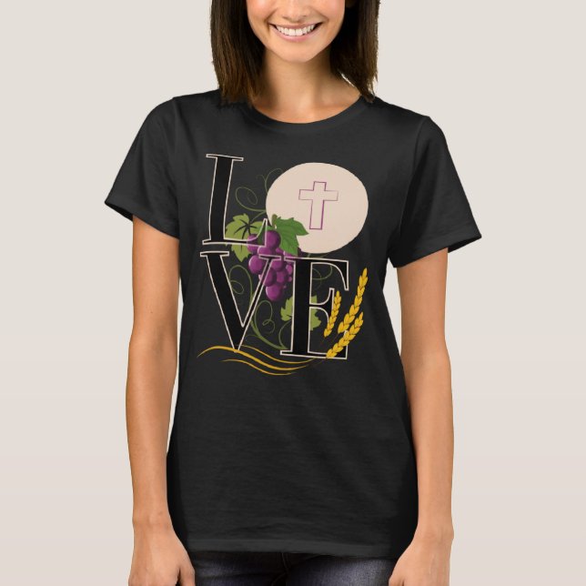 Camiseta Eucharist LOVE Typography Host Trigo Uvas (Anverso)