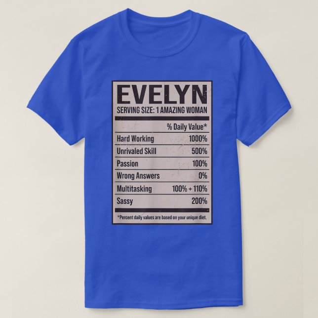 Camiseta Evelyn Nutrition Facts Name Nickname Alias Título  (Diseño del anverso)
