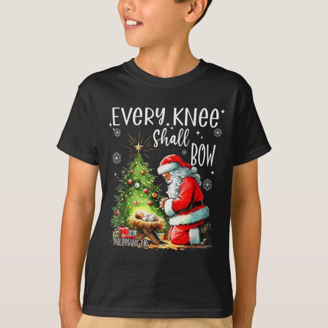 Camiseta Every Knee Shall Bow, Kneeling Santa Baby Jesus Ch (Anverso)