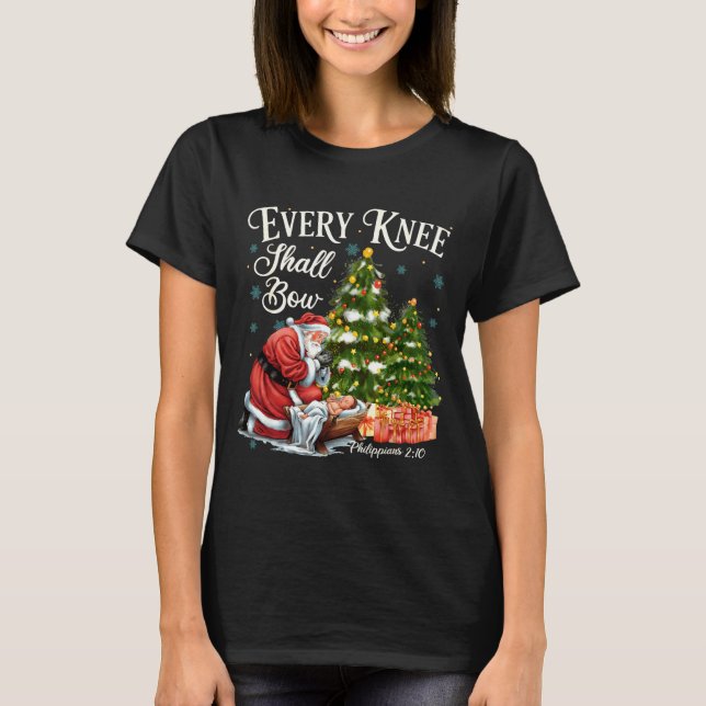 Camiseta Every Knee Shall Bow Santa Christmas Nativity Scen (Anverso)
