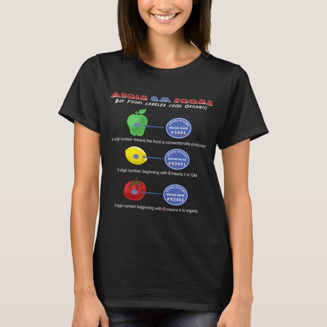 Camiseta Evitar alimentos transgénicos evitar PLU de 5 dígi (Anverso)