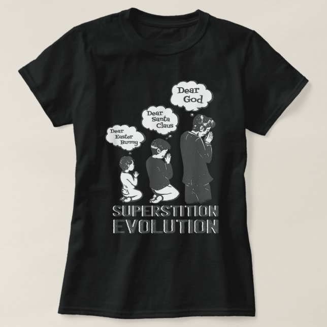 Camiseta evolución de la superstición divertida agnóstico a (Diseño del anverso)