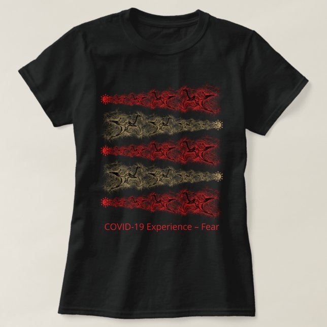 Camiseta Experiencia COVID-19, miedo, virus, oro y rojo (Diseño del anverso)