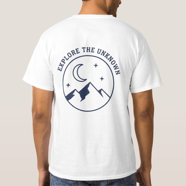 Camiseta "Explore lo desconocido", montaña y luna mínimas (Reverso)