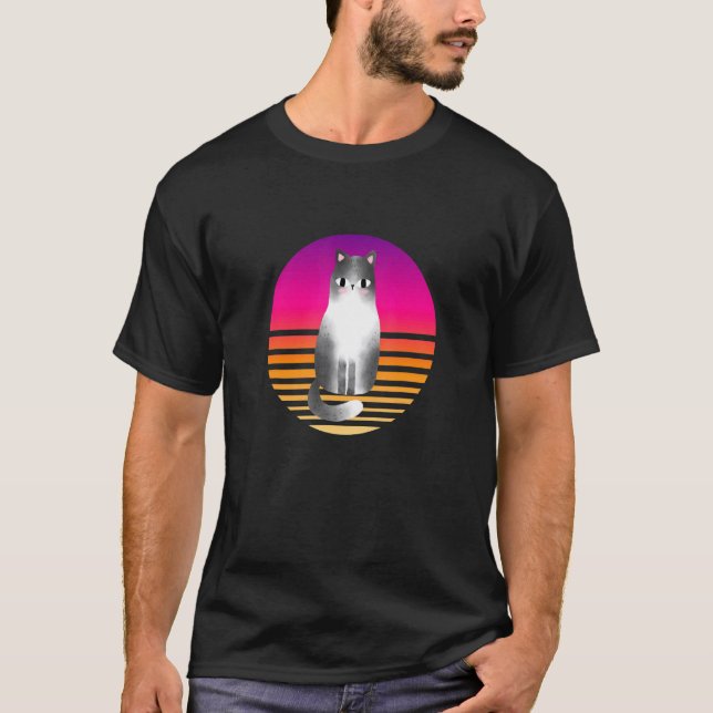 Camiseta Extraño gradiente de naranja morado retro Gato Fel (Anverso)