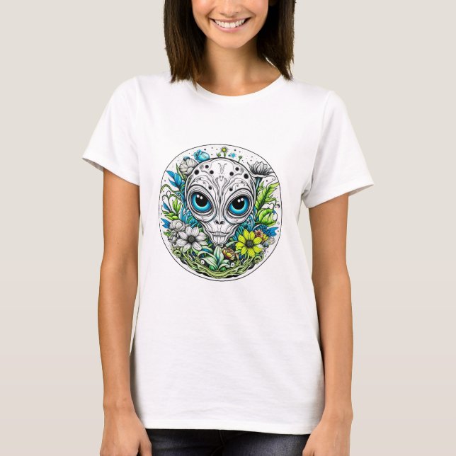 Camiseta Extraterrestre en la noche estrellada de flores (Anverso)
