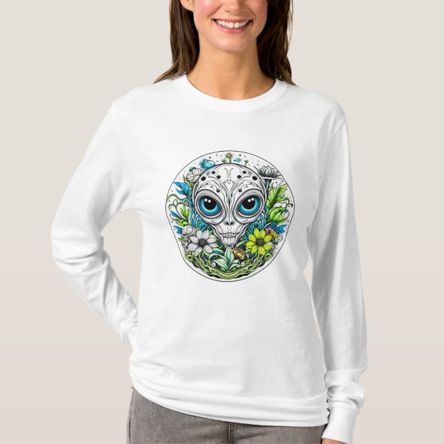 Camiseta Extraterrestre en la noche estrellada de flores (Anverso)