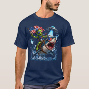 Camiseta Extraterrestre Patriótico Montando un Tiburón con