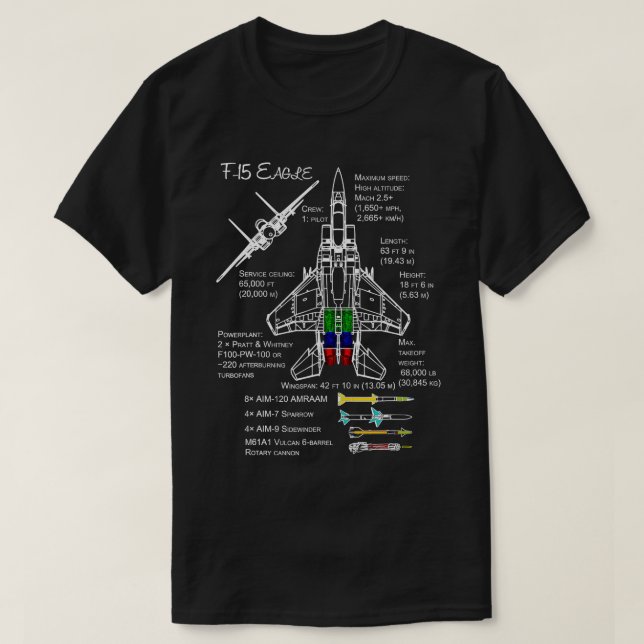 Camiseta F15 Eagle Specs Shirt Avión de combate militar (Diseño del anverso)