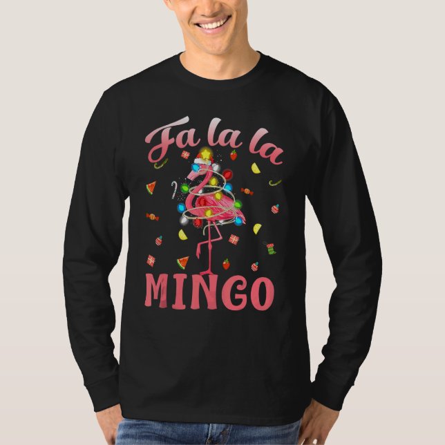 Camiseta Fa La La Mingo Flamingo Christmas Tree Lights Trop (Anverso)