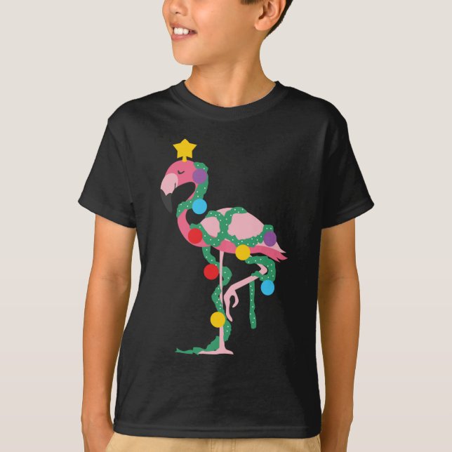 Camiseta Fa La La Mingo Flamingo rosa Árbol de Navidad Luce (Anverso)