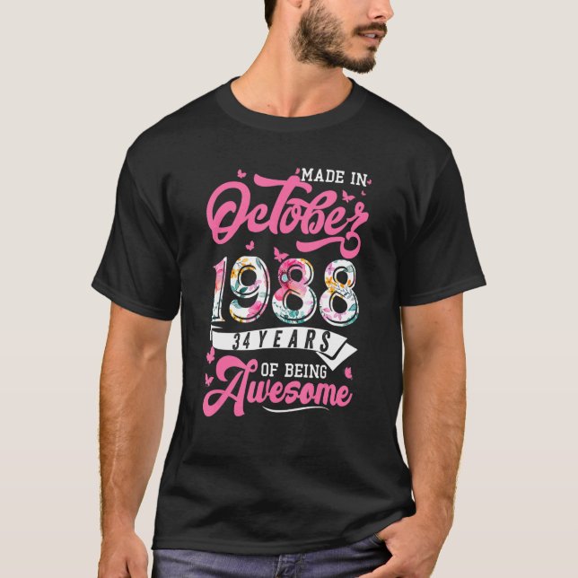 Camiseta Fabricado En Octubre De 1988 Floral 34 Años De Eda (Anverso)