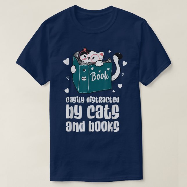 Camiseta Fácilmente distrado por gatos y libros Cat and Boo (Diseño del anverso)