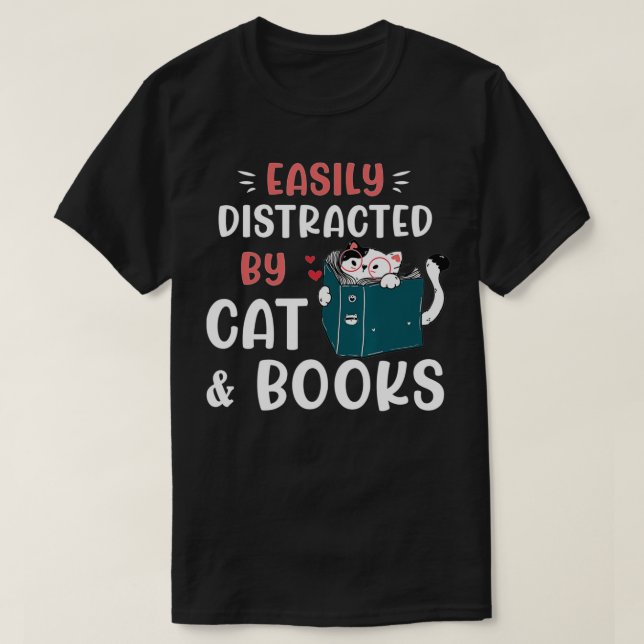 Camiseta Fácilmente distrado por gatos y libros, Cat & Book (Diseño del anverso)