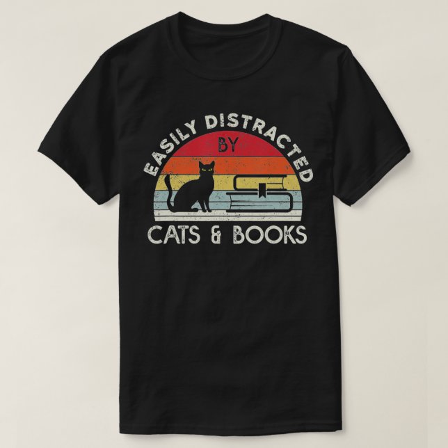 Camiseta Fácilmente distrado por gatos y libros Retro vinta (Diseño del anverso)