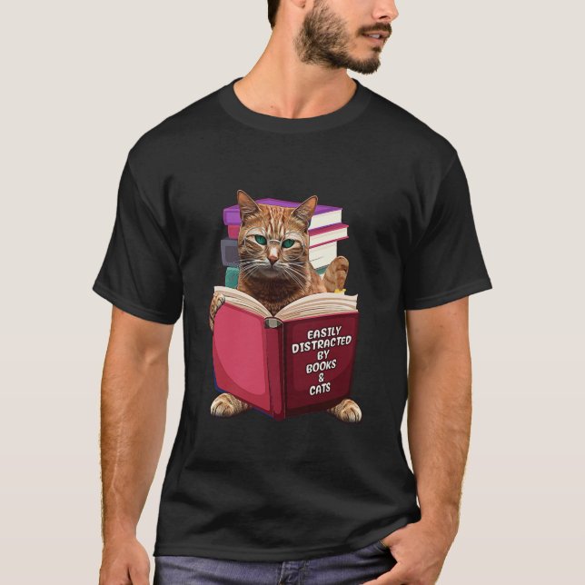 Camiseta Fácilmente distrado por los libros Los gatos adora (Anverso)