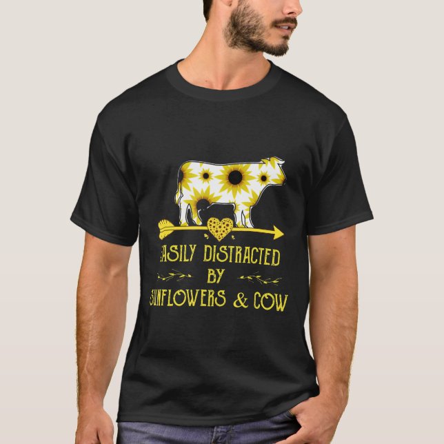 Camiseta Fácilmente Distrado Por Los Sunflower Y La Vaca (Anverso)