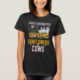 Camiseta Fácilmente Distrado Por Sunflower Y Vacas