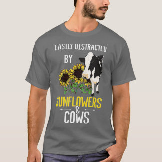 Camiseta Fácilmente Distrado Por Sunflower Y Vacas