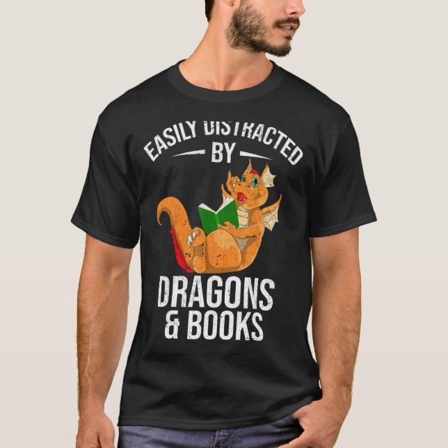 Camiseta Fácilmente Distraído Por Dragones Y Libros Leyendo (Anverso)
